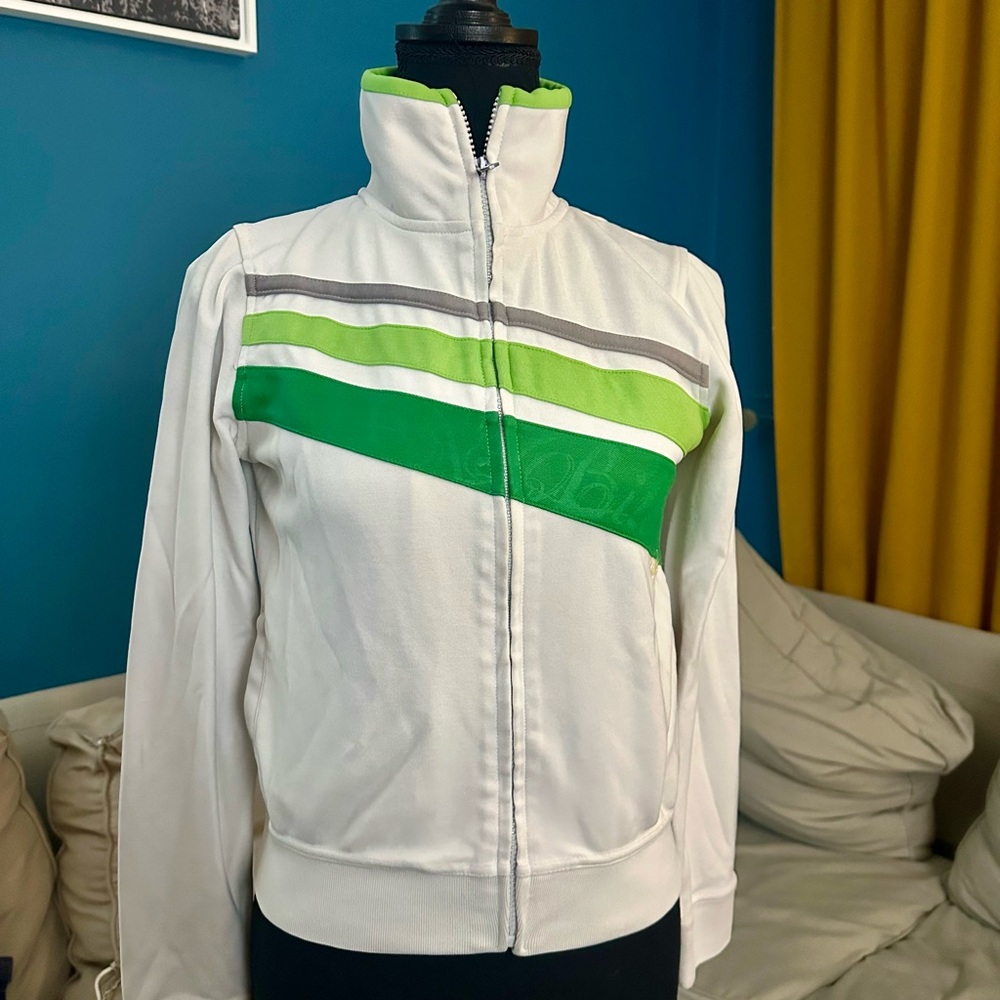 Billabong Vintage (2003) White Track Jacket with Green and Gray Stripes.
